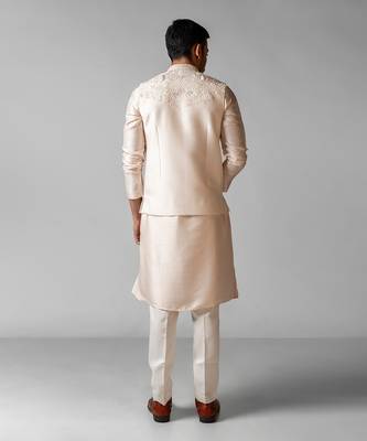 Pastel pink embroidered satin kurta jacket set 4