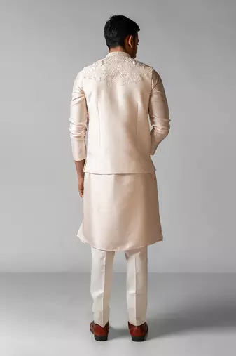 Pastel pink embroidered satin kurta jacket set