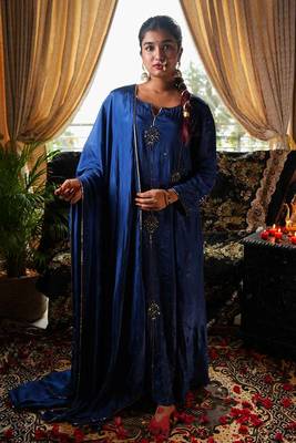 Stitched Luxurious Royal Aneek Blue Suit Set in Tabby Silk with Hand-Embroidered Zari Work 1