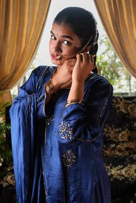 Stitched Luxurious Royal Aneek Blue Suit Set in Tabby Silk with Hand-Embroidered Zari Work 3