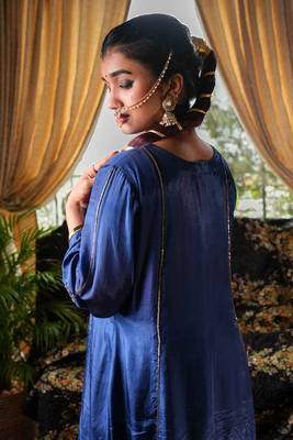 Stitched Luxurious Royal Aneek Blue Suit Set in Tabby Silk with Hand-Embroidered Zari Work 4