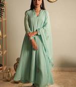 Stylish Pastel Blue Munga Silk Anarkali Set with Hand Embroidered Dupatta Stitched