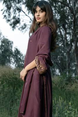 Aari Embroidered Wine Coloured Anarkali Set Stitched  2