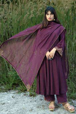 Aari Embroidered Wine Coloured Anarkali Set Stitched  1