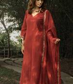 Zari Embroidered Maroon Chanderi Kurta Set with Embellished Organza Dupatta Stitched