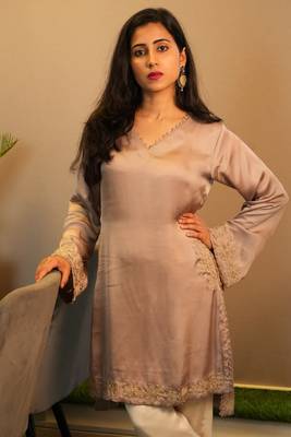 Kashida Hand Embroidered Grey Modal Satin With Ivory Pants Stitched  1