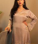 Kashida Hand Embroidered Grey Modal Satin With Ivory Pants Stitched 