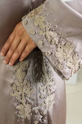 Kashida Hand Embroidered Grey Modal Satin With Ivory Pants Stitched  3