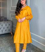  Stitched Mustard Yellow Linen A-Line Kurta Set with Hand-Embroidered Flower Motifs