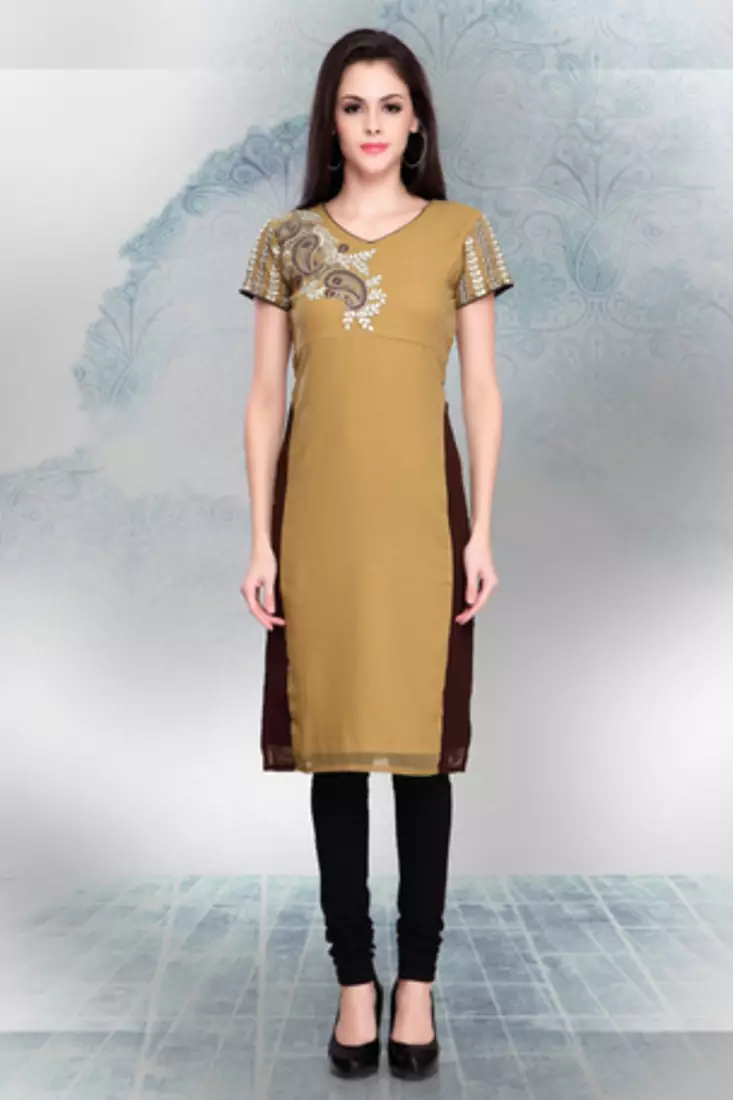 Light Brown Georgette Embroidered Kurti