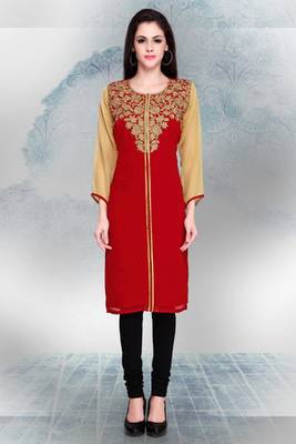 Maroon and Beige Georgette Embroidered Kurti 1