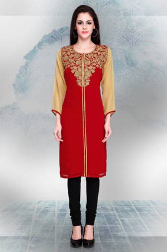 Maroon and Beige Georgette Embroidered Kurti