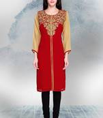 Maroon and Beige Georgette Embroidered Kurti