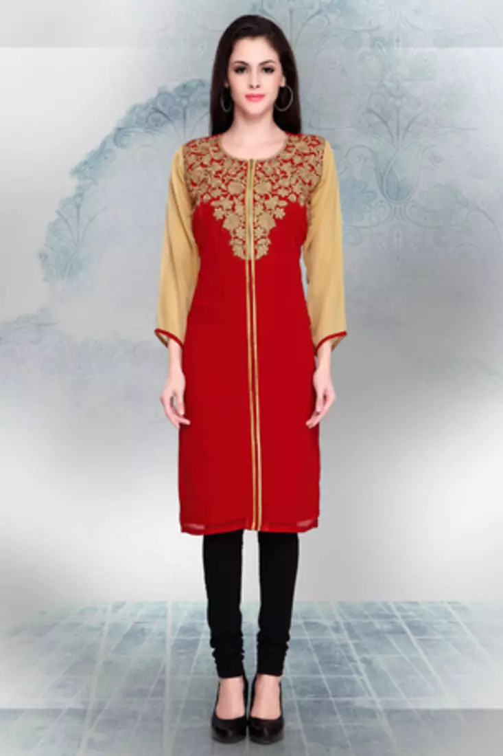 Maroon and Beige Georgette Embroidered Kurti