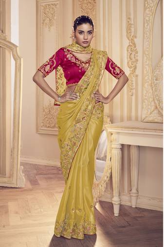 Yellow Embroidered Ice Georgette Party Wear Saree With Blouse Fabric