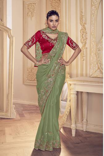 Green Embroidered Ice Georgette Party Wear Saree With Blouse Fabric