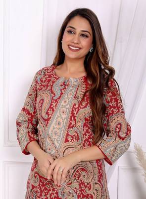 Women's cotton co-ord-set red paisley print with long kurta and pant 8