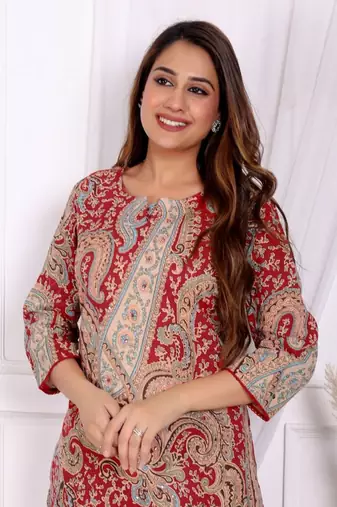 Women's cotton co-ord-set red paisley print with long kurta and pant