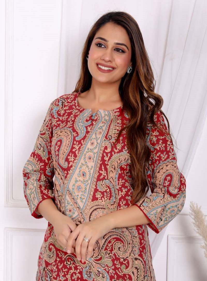 Women's cotton co-ord-set red paisley print with long kurta and pant