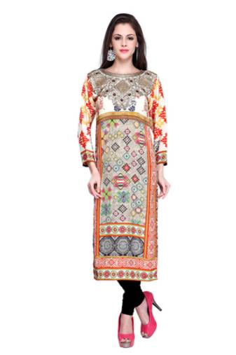 Multi Colour Crepe Embroidered Long Kurti