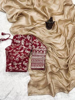 Light Brown Silk Tissue Saree with Sequin and Thread Embroidered Blouse(Stitched-38) 1