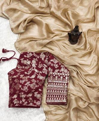 Light Brown Silk Tissue Saree with Sequin and Thread Embroidered Blouse(Stitched-38) 3