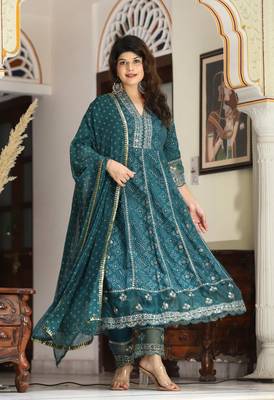 Teal rayon embriodery  work anarkali  kurti pant dupatta set 2