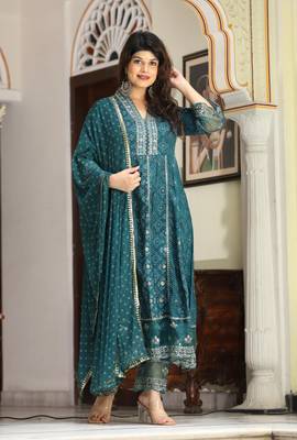 Teal rayon embriodery  work anarkali  kurti pant dupatta set 4