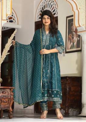 Teal rayon embriodery  work anarkali  kurti pant dupatta set 5