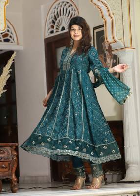 Teal rayon embriodery  work anarkali  kurti pant dupatta set 1