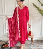 Beautiful Red Chanderi Silk Embroidered Kurta Pant Dupatta Set