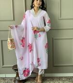 Women's French Crepe Embroidered and Printed Straight Kurta with Rayon Pant And Dupatta Set