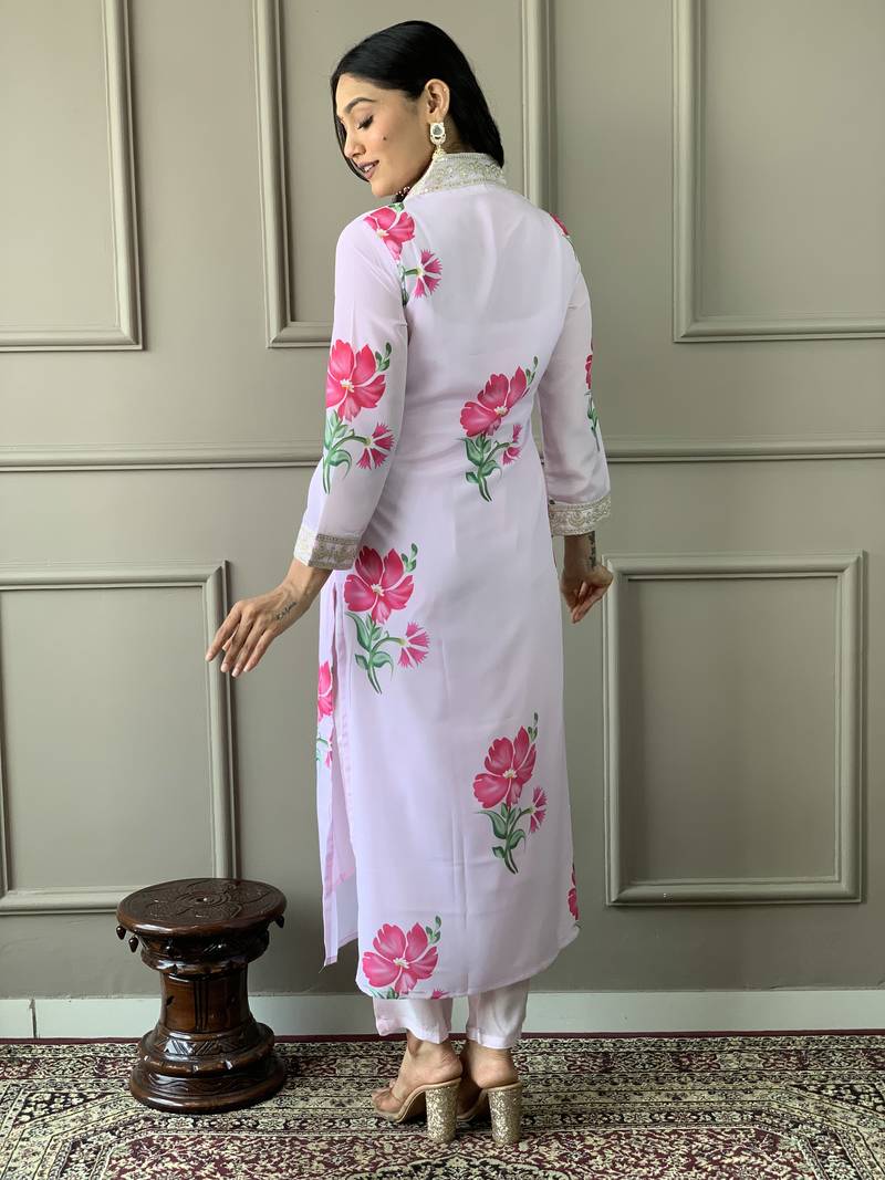 Women's French Crepe Embroidered and Printed Straight Kurta with Rayon Pant And Dupatta Set