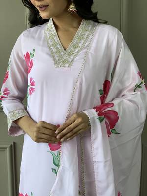 Women's French Crepe Embroidered and Printed Straight Kurta with Rayon Pant And Dupatta Set 4
