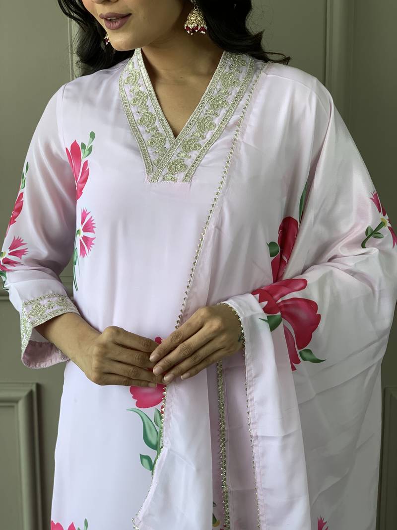 Women's French Crepe Embroidered and Printed Straight Kurta with Rayon Pant And Dupatta Set