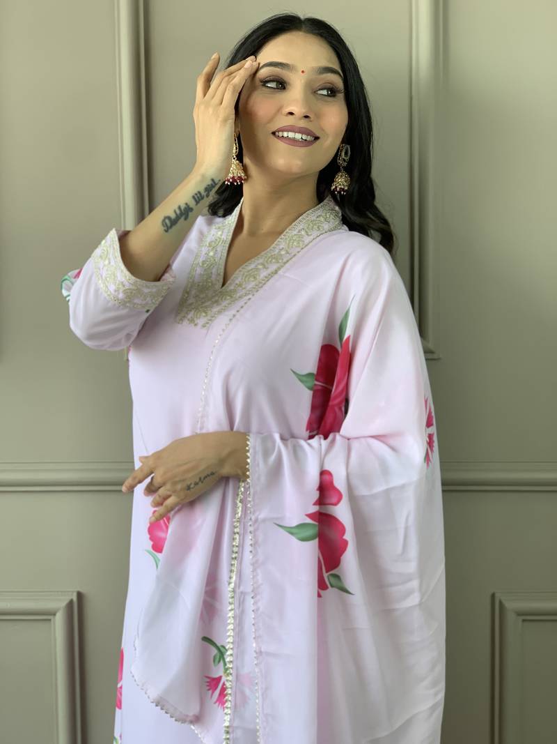 Women's French Crepe Embroidered and Printed Straight Kurta with Rayon Pant And Dupatta Set