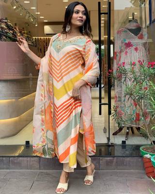 Printed Viscose Rayon Fabric Straight Kurta, Pant and Dupatta Set 2