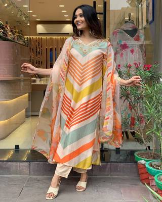 Printed Viscose Rayon Fabric Straight Kurta, Pant and Dupatta Set 5