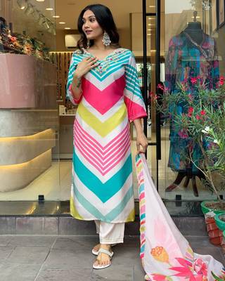 Printed Viscose Rayon Fabric Straight Kurta, Pant and Dupatta Set 1
