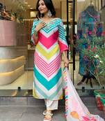 Printed Viscose Rayon Fabric Straight Kurta, Pant and Dupatta Set