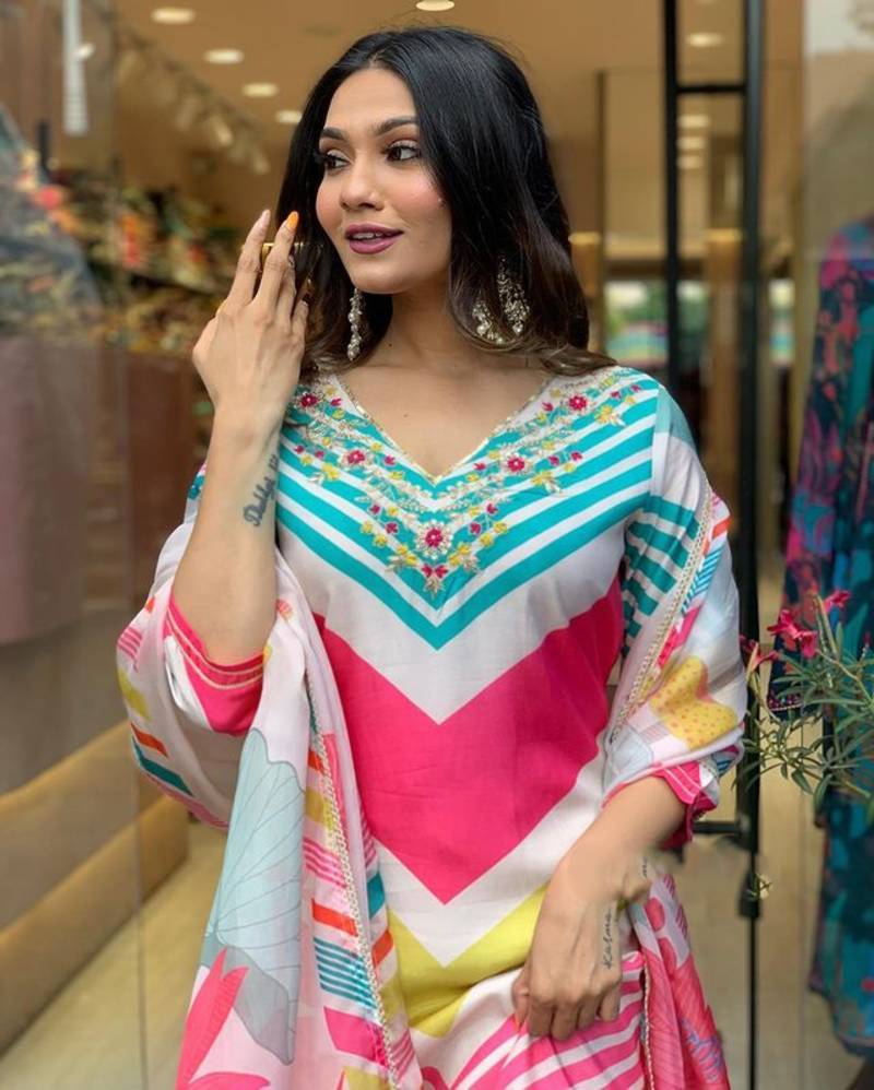 Printed Viscose Rayon Fabric Straight Kurta, Pant and Dupatta Set