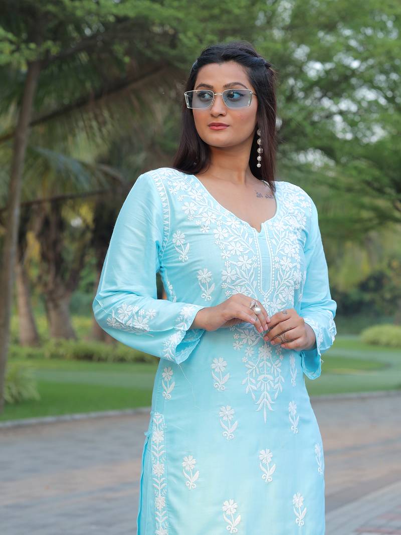 women's rayon lucknowi chikankari work straight kurta palazzo set for women