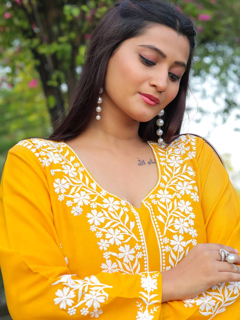 women's rayon lucknowi chikankari work straight kurta palazzo set for women