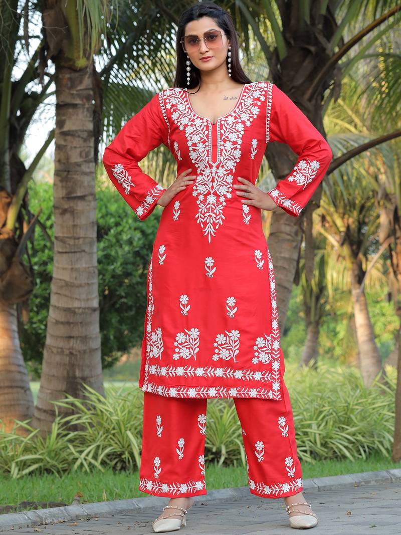 women's rayon lucknowi chikankari work straight kurta palazzo set for women