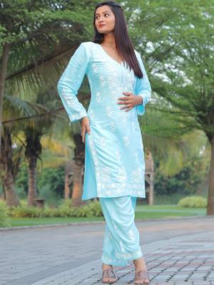 women's rayon lucknowi chikankari work straight kurta palazzo set for women 4