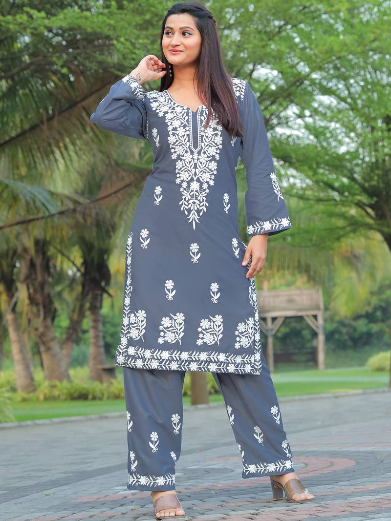 Women's Grey Rayon Chikankari Kurti Set