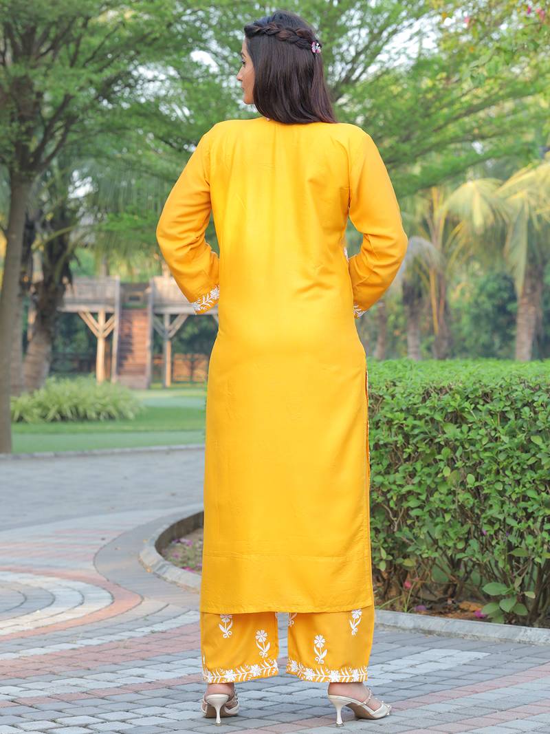 women's rayon lucknowi chikankari work straight kurta palazzo set for women