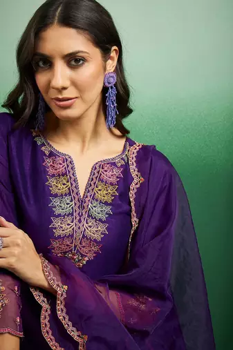Chanderi Cotton Embroidered Kurta Pant Dupatta Set