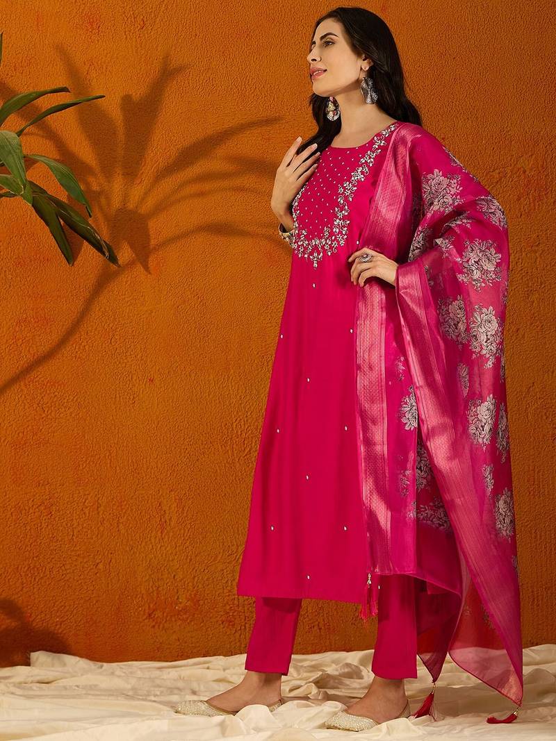 Printed Viscose Rayon Fabric Straight Kurta, Pant and Dupatta Set