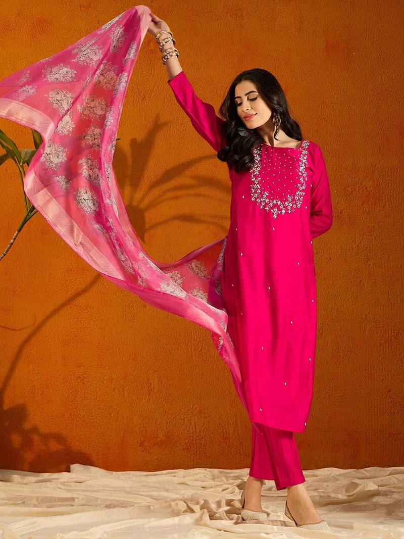 Printed Viscose Rayon Fabric Straight Kurta, Pant and Dupatta Set